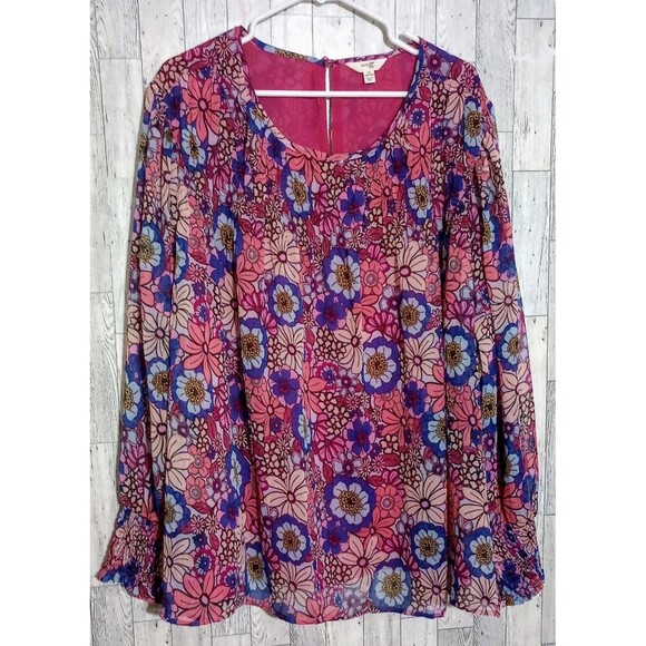Terra & Sky Blouse Smocked Chiffon Top Floral Spring‎ Keyhole Back Size 3X - Picture 1 of 5